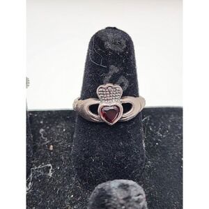 Vintage Sterling Silver Irish Claddagh Ruby Ring Size 6.25